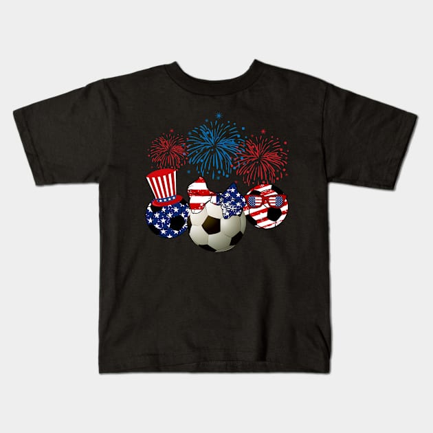 Soccer American Flag Fireworks Kids T-Shirt by Flavie Kertzmann